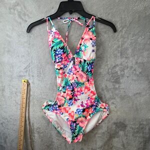 Vintage Y2K OP Arctic White Tropical Floral Monokini Swimsuit Juniors M 7-9